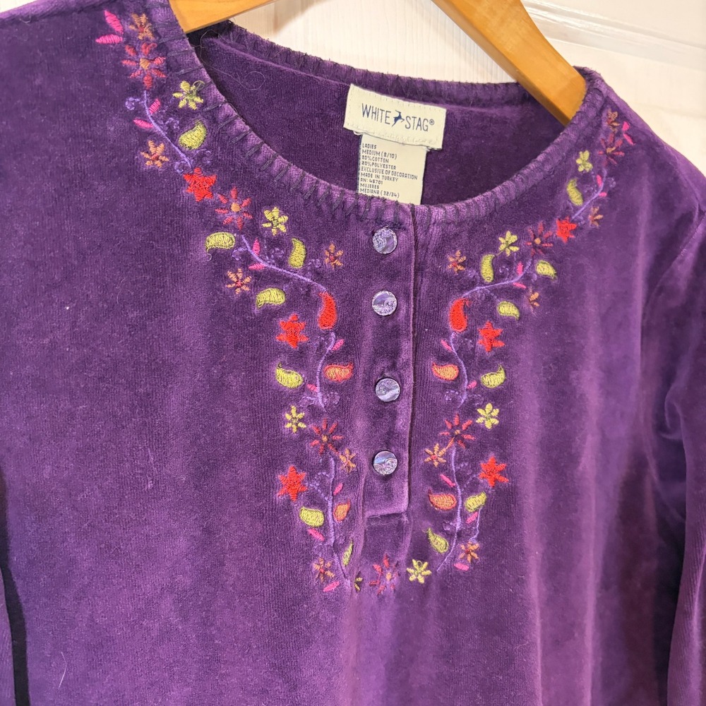 White Stag Vintage Purple Velour Velvet Floral Embroidered Henley Top Womens M